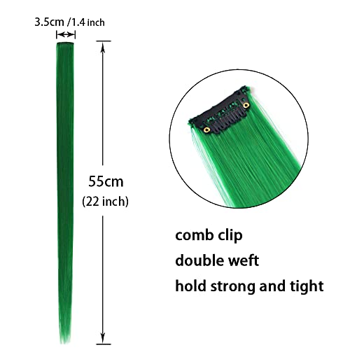 YTBYT 22in Green Colored Clip-In Hair Extensions for Women & Kids - Straight Synthetic Highlights