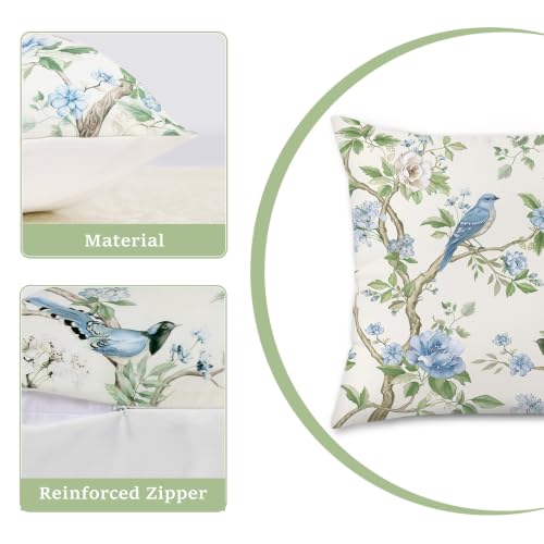 Blue Green Bird Floral Velvet Throw Pillow Covers - Set of 2, 18x18