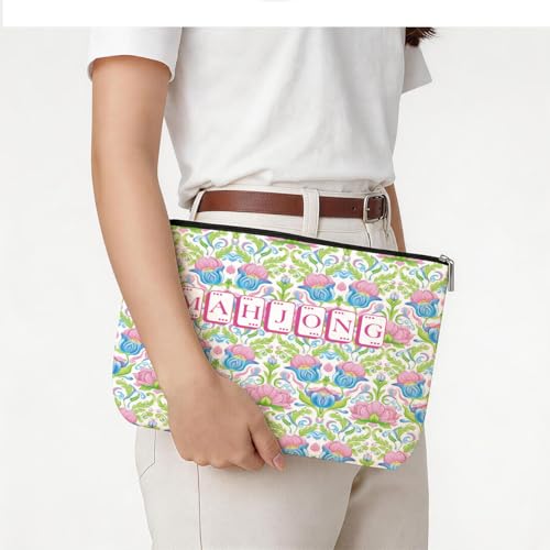 Pink Tulip Mahjong Tile Bag with Zipper Case - Multicolor, Blue Leaves