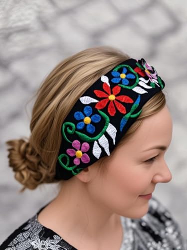 Mexican Handmade Embroidered Boho Headband – Elastic Floral Hair Band