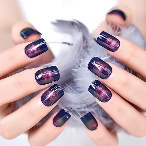 Dark Blue Shimmer Press On Nails with Pink Cat Eye Glitter Short Squoval Fake Manicure