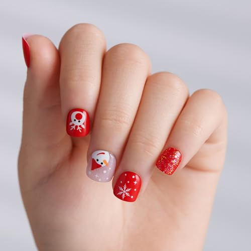Kids Holiday Press On Nails - Non-Toxic, Easy Application, Festive Red & Reindeer Design