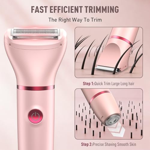 Bikini Trimmer for Women, 3-in-1 Electric Razor, IPX7 Waterproof Ceramic Blades, Wet & Dry Use, LED Display, Painless Shaver for Bikini, Face, Underarms, Legs, Home Travel (Pink)
