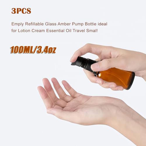 3 Pack 100ml Amber Glass Refillable Lotion Bottles with Pump Dispenser for Travel & Skincare