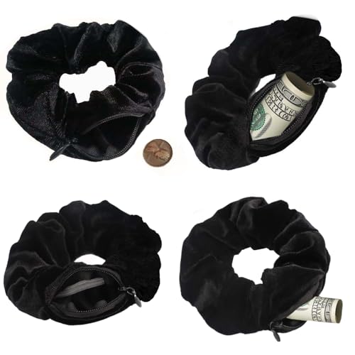 Black Velvet Scrunchies with Zipper Pocket - 4 Pack Travel Essentials