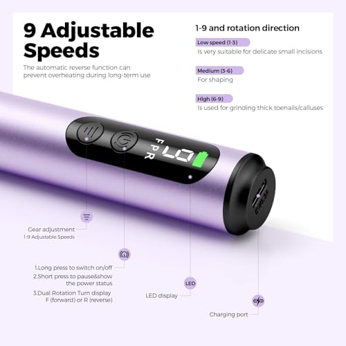 Ccigedy Cordless Electric Nail Drill for Acrylic & Gel Nails - Purple