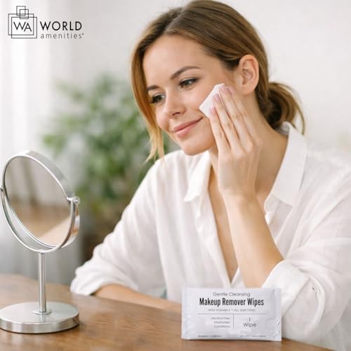 World Amenities - Makeup Remover Wipes - Alcohol Free - Vitamin E Face Wipes for Sensitive Skin Comfort - Individually Wrapped - Travel Friendly Facial Cleansing Wipes - 50 Count
