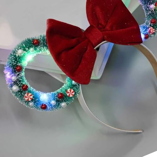 LED Christmas Mouse Ear Headband with Green Velvet Bow