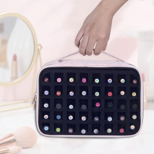 Pink Clear Nail Polish Organizer Bag Holds 40 Bottles with Detachable Compartments