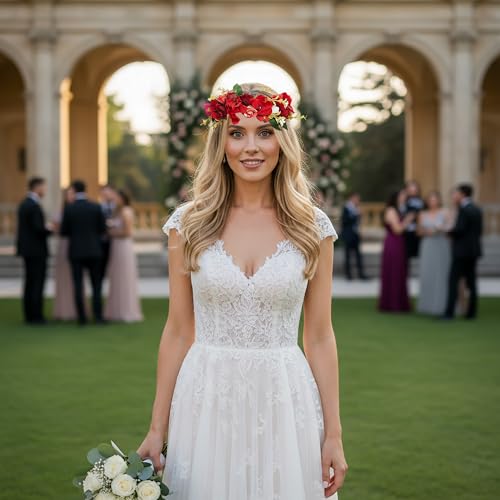 LLinfflr Red Flower Garland Headband Rose Crown Floral Halo Headpiece - Adjustable
