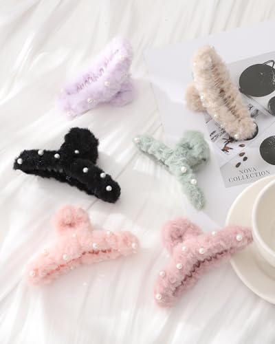 6PCS Large Fuzzy Claw Hair Clips for Thick Hair - Cute Bow Design