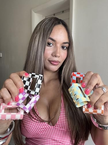 Colorful Checkered Rectangle Hair Claw Clips for Women - Strong Hold, 6 Pcs
