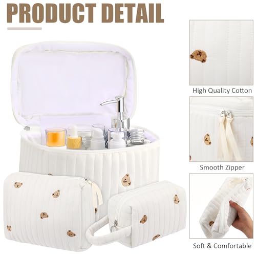 Paterr 3-Piece Quilted Cotton Makeup Bag Set - Little Bear White
