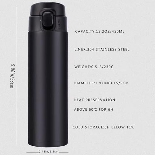 Vacuum Insulated Stainless Steel Travel Coffee Mug - 15.2 Oz Leak-Proof Flask (Black)