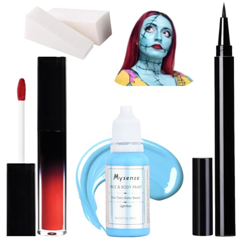 Sally Makeup Kit (Variation: Sally Makeup Kit) – Light Blue Face Paint, Red Lipstick, Black Eyeliner, Sponges for Sally/Corpse Bride Halloween Cosplay