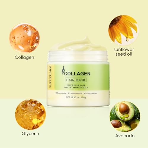OUPEICHARM Collagen Hair Mask for Damaged & Dry Hair - Deep Conditioning, Hydrating & Repairing 12.35oz