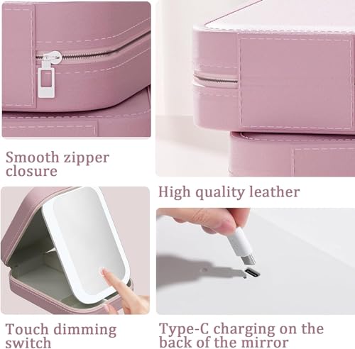 Pink Travel Makeup Case with Lighted Mirror - Waterproof Organizer
