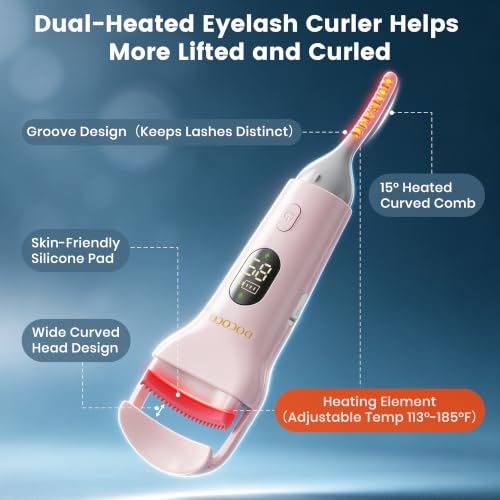 DOCOCO Dual Head Heated Eyelash Curler with 5 Heat Settings, USB-C Rechargeable, Fast 8s Heating, Long-Lasting Natural Curl