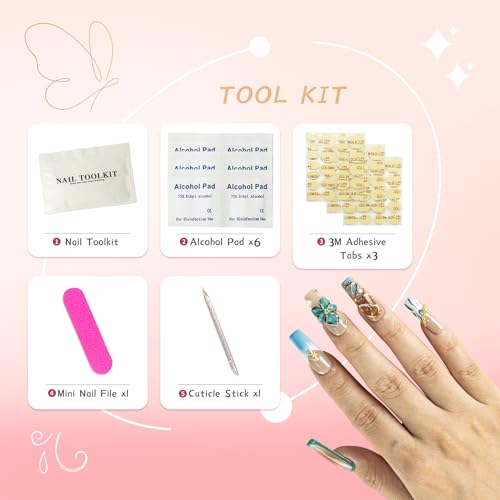 Vanpaga Handmade Square Coffin Press on Nails - Ocean Ombre Blue with Flowers