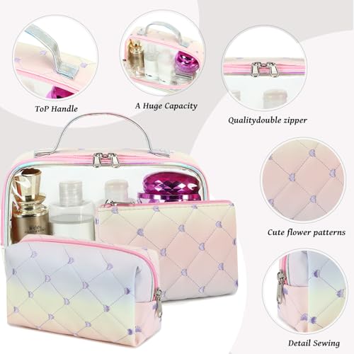 Bluboon Rainbow Heart 2 Makeup Bag Set - 3Pcs Clear Travel Toiletry Bags