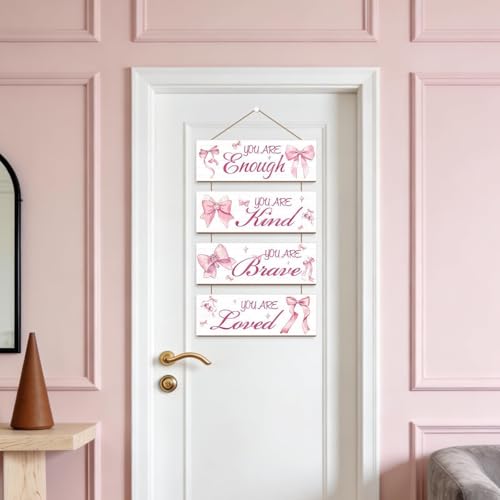 4-Piece Pink Bow Wall Decor Set with Positive Affirmations