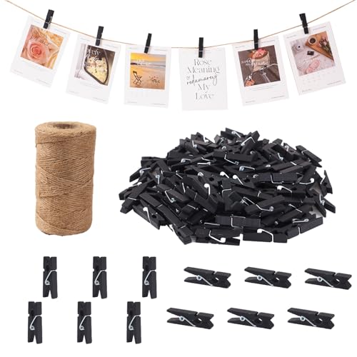 100 Black Mini Clothespins with 328ft Jute Twine for DIY Crafts