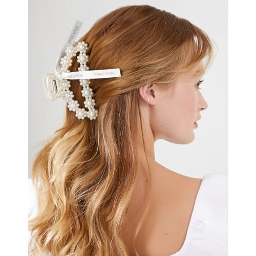 DEEKA 3.7 Inch Pack of 8 Pearl Bridesmaid Hair Claw Clips with Ribbon - Half Circle Bridal Party Favors