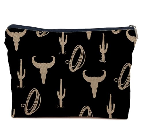 Cow Print Linen Makeup Bag - 10-Inch Travel Toiletry Pouch for Women