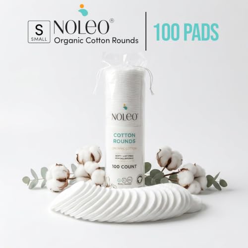 Noleo Organic Cotton Rounds for Makeup & Baby Wipes - 3 Pack of 100 Small Pads, Sensitive Skin Friendly