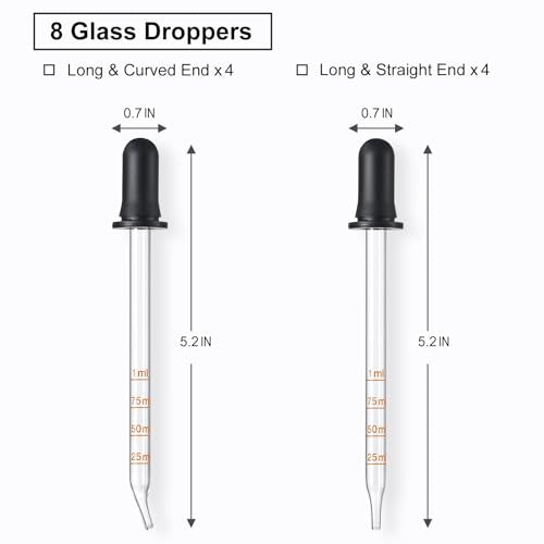 8 Pack 1mL Glass Eye Droppers with Measurement - Long & Bent Tips