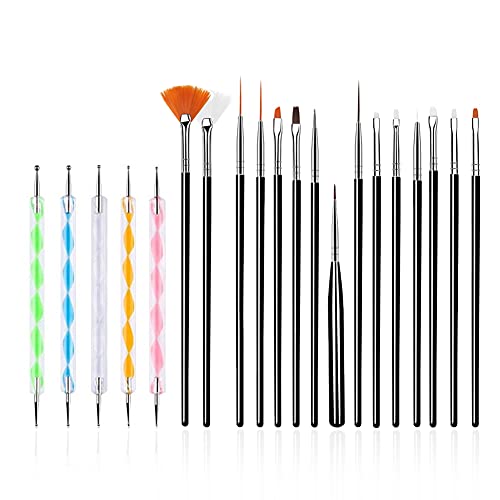 FULINJOY 20PCS Nail Art Tools Set Black - Brushes & Dotting Pens for Professional Nail Design