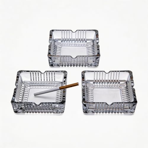 3 Pack 4-Inch Clear Glass Ashtray - Heavy Duty Cigarette Tray