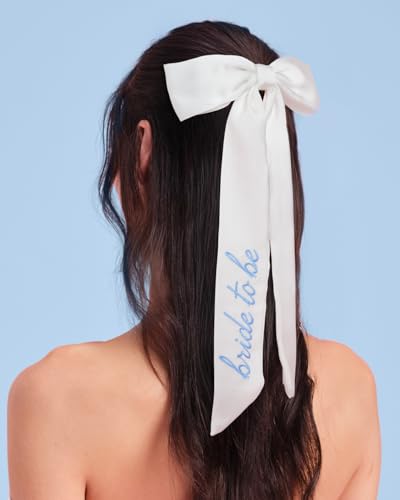 Bride to Be White Satin Hair Bow with Blue Embroidery - Perfect for Bachelorette Parties