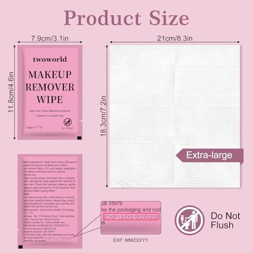 100 Pack Travel Makeup Remover Wipes - Individually Wrapped, Aloe Vera & Cherry Blossom Scent