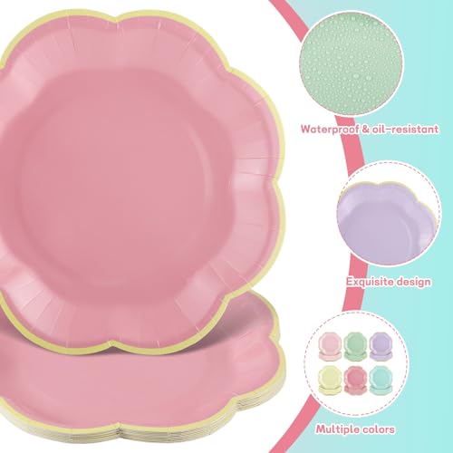 60 Pastel Paper Plates, 7-Inch Scalloped Dessert Plates with Gold Rim