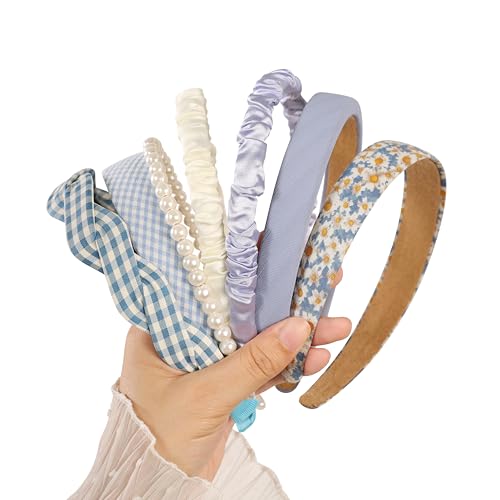 Eleilians 7 Pcs Women's Girls Headbands Blue Multi-Style Non-Slip Pearl Floral Vintage Wide