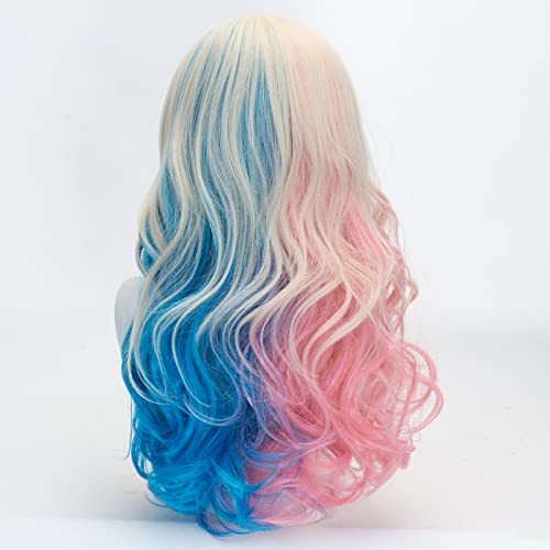 FALAMKA Long Curly Blonde Wig with Blue and Pink Highlights for Cosplay