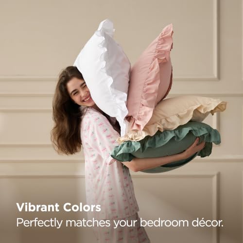 Bedsure White Ruffle Pillow Cases Set of 2 | 20" x 26" Microfiber Shams