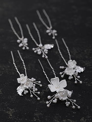 Silver Pearl Flower Bridal Hair Pins - 6 Pcs Wedding Accessories