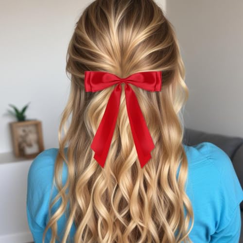 Red Satin Hair Bow Clips 2 Pack Large Hair Accessories for Women & Girls