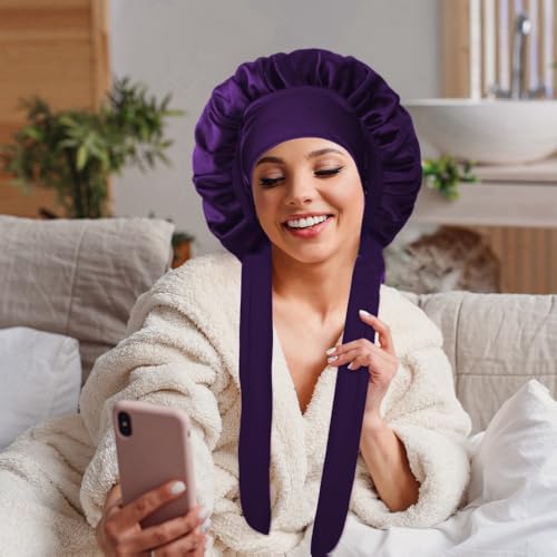 VECIIR Large Lavender Satin Sleep Bonnet for Women, Adjustable Hair Protector