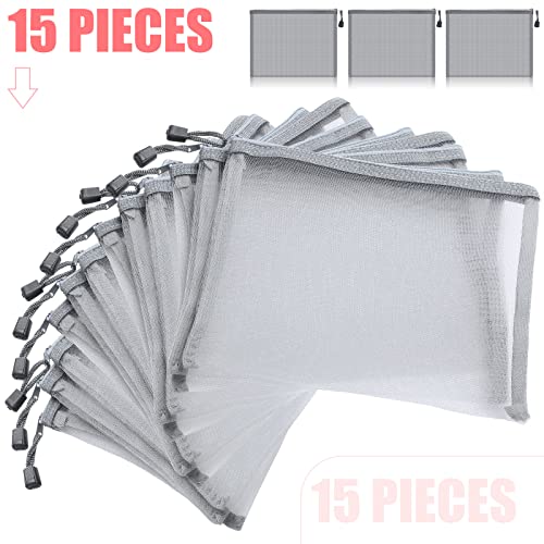Outus 15 Pcs Gray Mesh Zipper Bags - 9.84 x 7.09 Inches