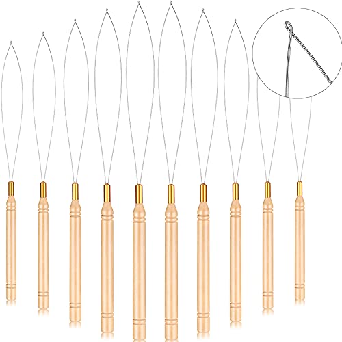 10 Pcs Hair Extension Loop Needle Kit with Wooden Handle