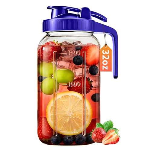 32oz Glass Pitcher with Lid - Airtight Mason Jar for Cold Beverages