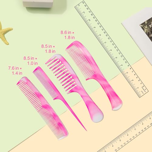 Pink Hair Comb Set - Wide Tooth, Fine Tooth, Rat Tail & Dual Comb