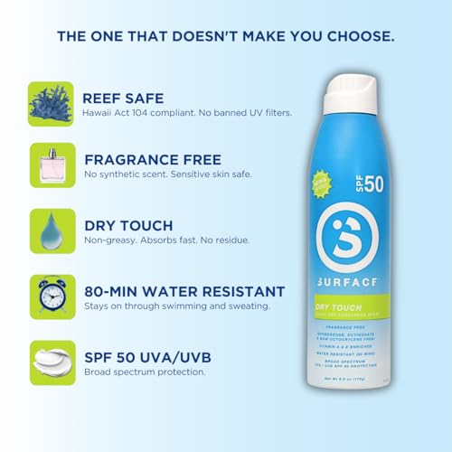 Surface SPF 50 Sunscreen Spray for Body, Unscented, 6oz - Water Resistant & Reef Friendly