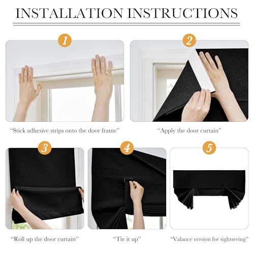 RYB HOME 100% Blackout Linen Door Curtain - Easy Install, Black, 36"