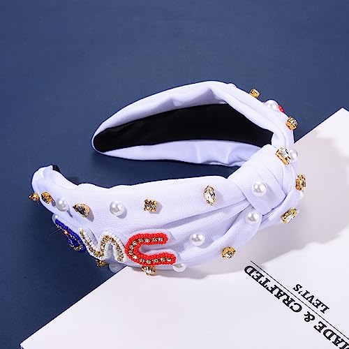 USA Embellished Knotted Headband with Rhinestones & Pearls - 4th of July Accessories