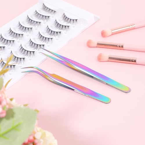 Eyelash Extension Tweezers Set - 2pcs Stainless Steel Curved & Straight Tips