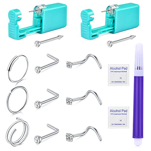 DJCIW 14PCS Nose Piercing Kit - 18G Stainless Steel Nose Rings